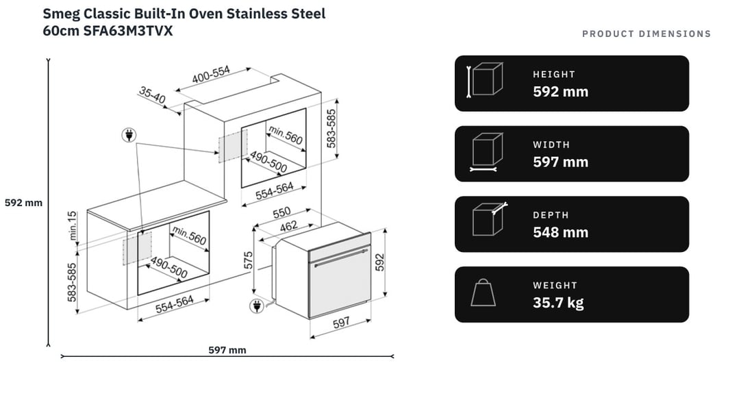 Smeg Classic Built-In Oven Stainless Steel 60cm SFA63M3TVX — product dimensions