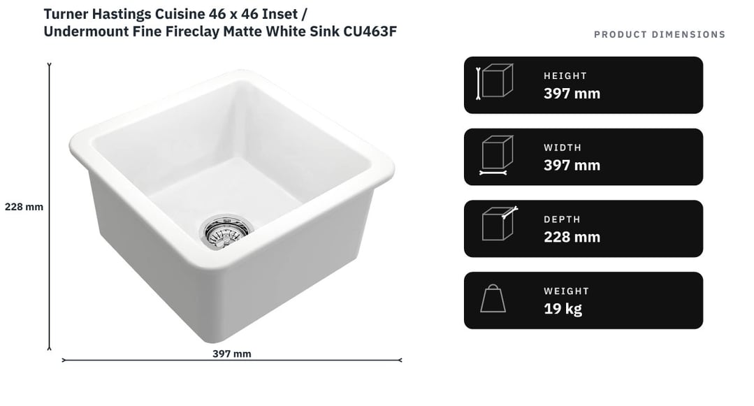 Turner Hastings Cuisine 46 x 46 Inset / Undermount Fine Fireclay Matte White Sink CU463FS-MW — product dimensions