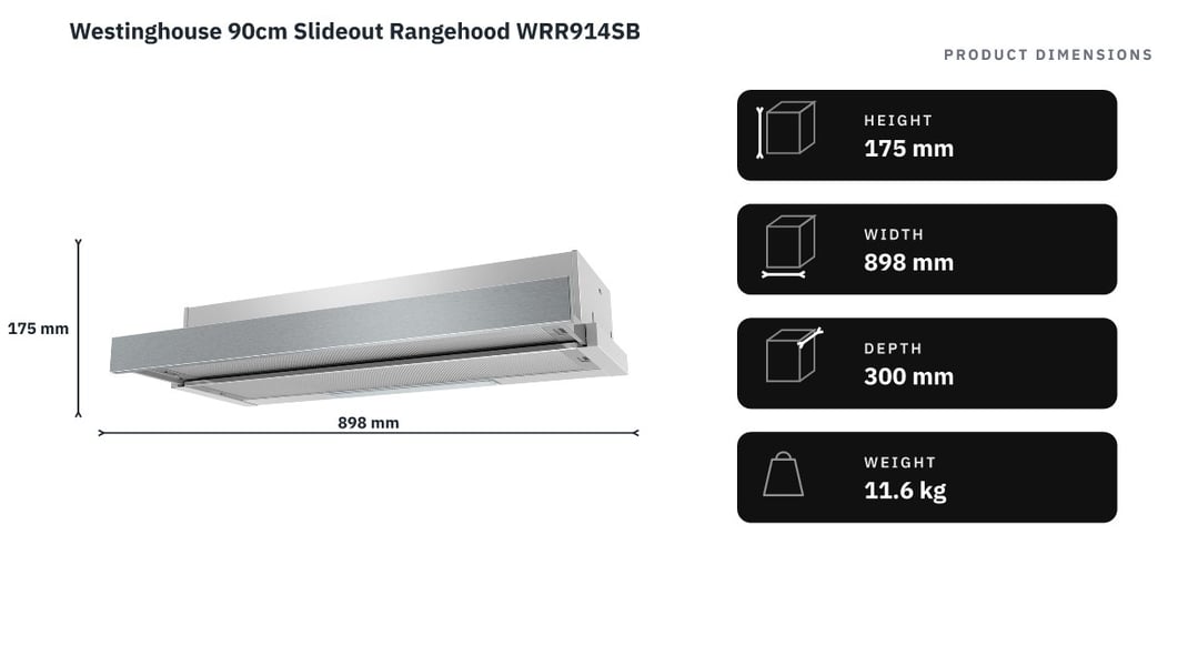Westinghouse 90cm Slideout Rangehood WRR914SB — product dimensions