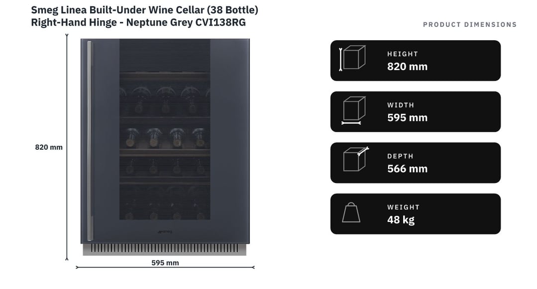 Smeg Linea Built-Under Wine Cellar (38 Bottle) Right-Hand Hinge - Neptune Grey CVI138RG — product dimensions