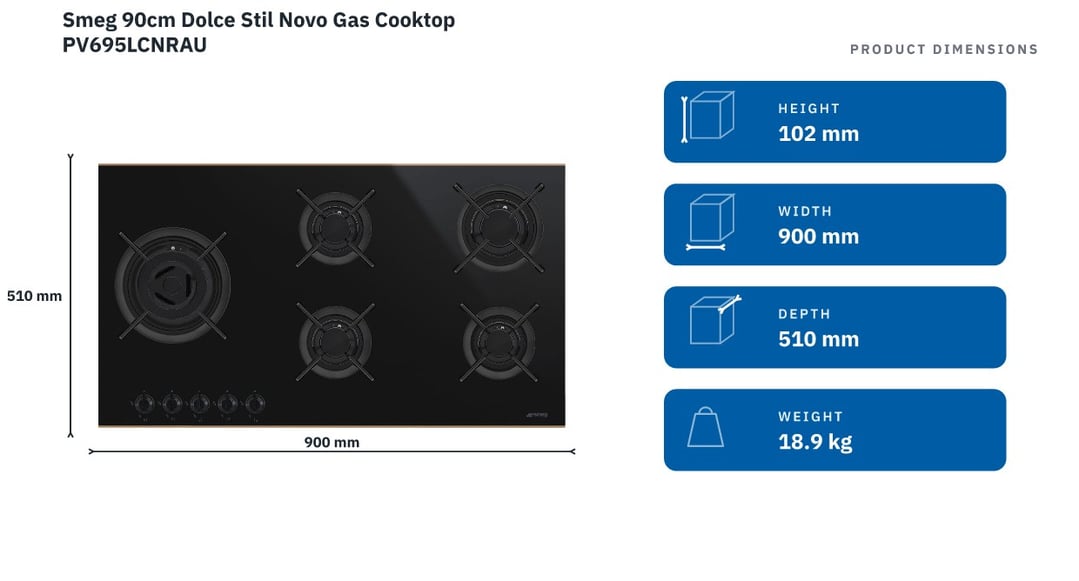 Smeg 90cm Dolce Stil Novo Gas Cooktop PV695LCNRAU — product dimensions