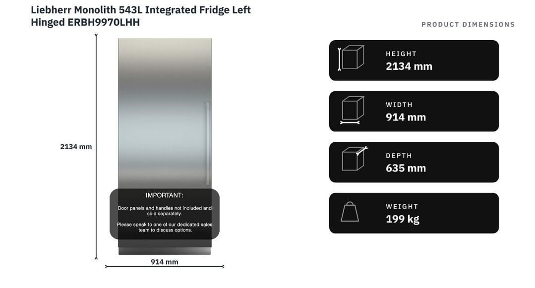 Liebherr Monolith 543L Integrated Fridge Left Hinged ERBH9970LHH — product dimensions