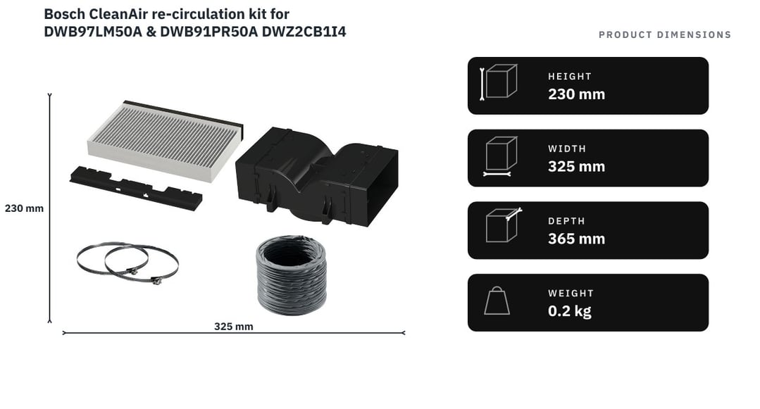 Bosch CleanAir re-circulation kit for DWB97LM50A & DWB91PR50A DWZ2CB1I4 — product dimensions