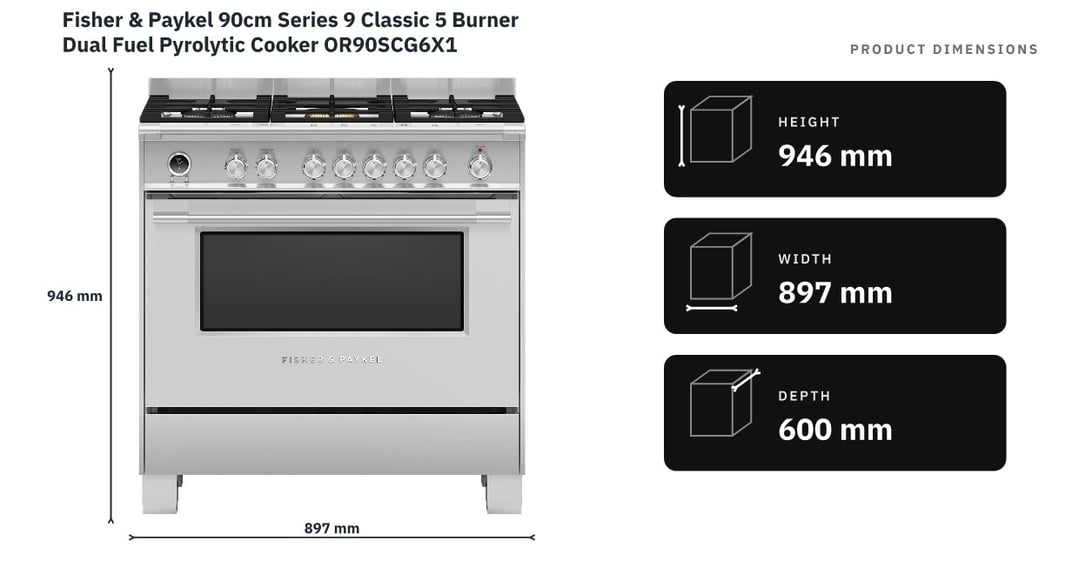 Fisher & Paykel 90cm Series 9 Classic 5 Burner Dual Fuel Pyrolytic Cooker OR90SCG6X1 — product dimensions