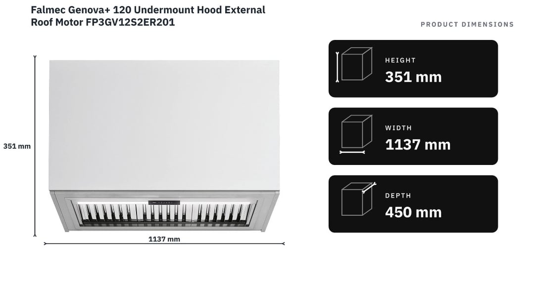 Falmec Genova+ 120 Undermount Hood External Roof Motor FP3GV12S2ER201 — product dimensions