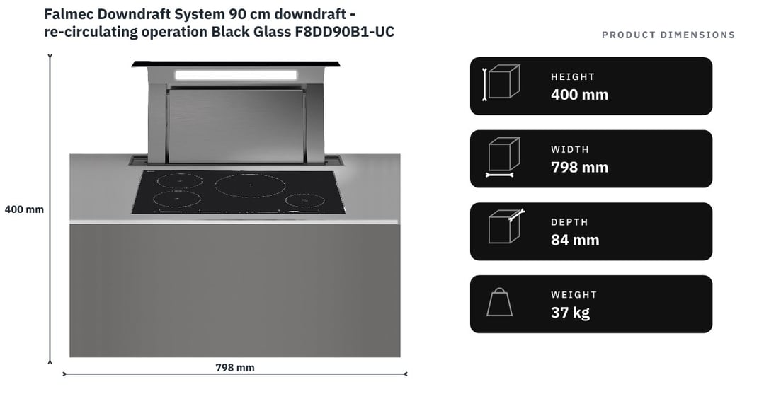 Falmec Downdraft System 90 cm downdraft - re-circulating operation Black Glass F8DD90B1-UC600 — product dimensions