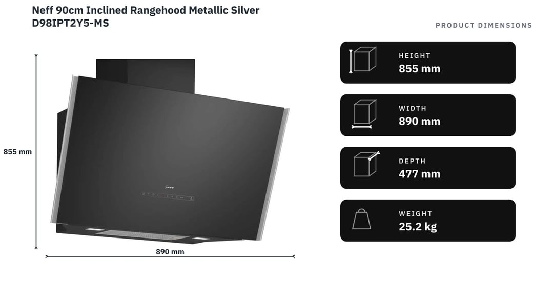 Neff 90cm Inclined Rangehood Metallic Silver D98IPT2Y5-MS — product dimensions