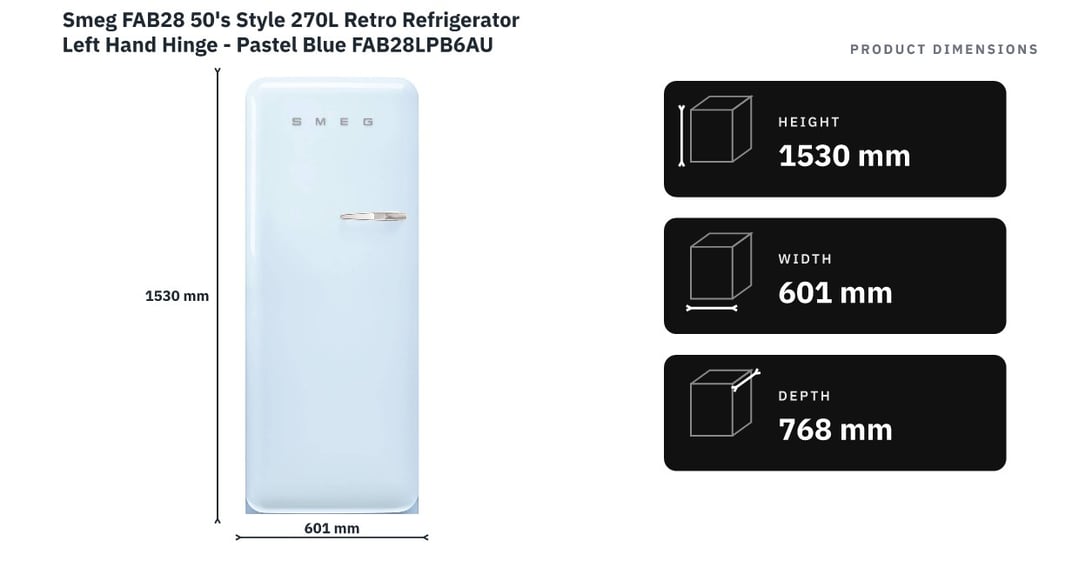 Smeg FAB28 50's Style 270L Retro Refrigerator Left Hand Hinge - Pastel Blue FAB28LPB6AU — product dimensions
