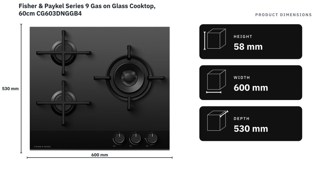 Fisher & Paykel Series 9 Gas on Glass Cooktop, 60cm CG603DNGGB4 — product dimensions