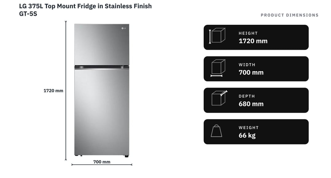 LG 375L Top Mount Fridge in Stainless Finish GT-5S — product dimensions
