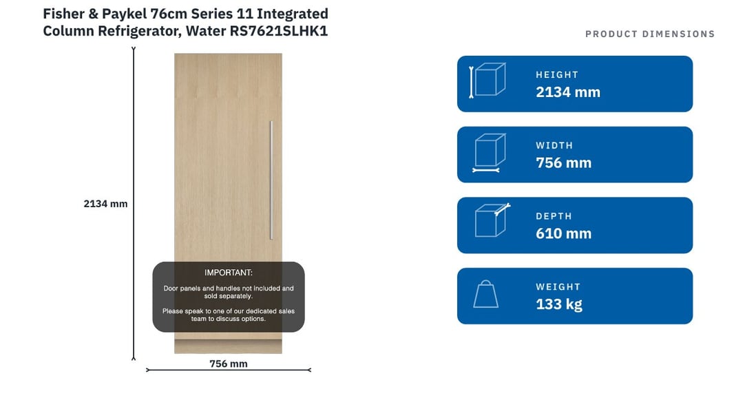 Fisher & Paykel 76cm Series 11 Integrated Column Refrigerator, Water RS7621SLHK1