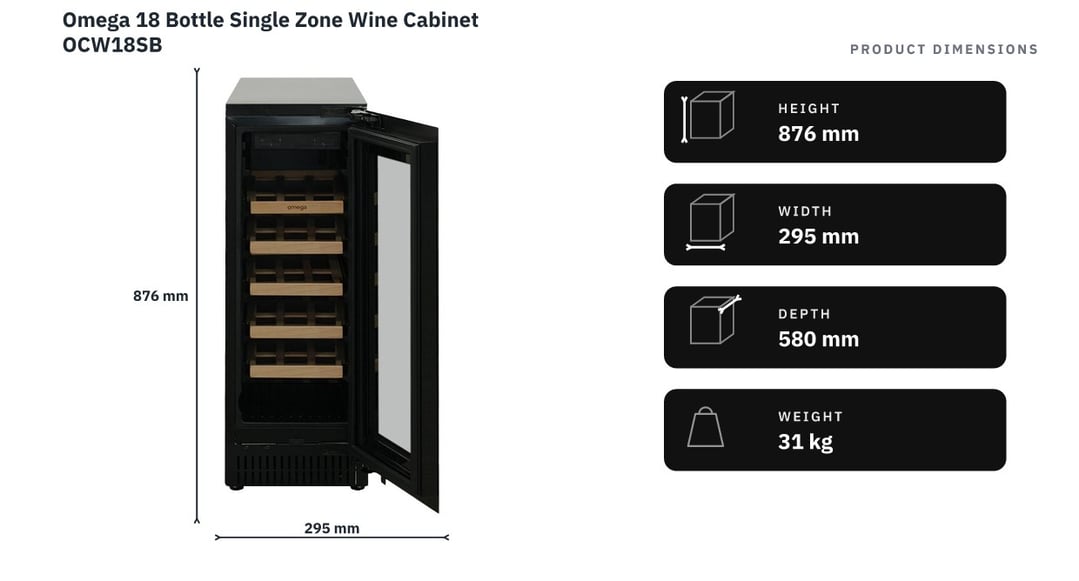 Omega 18 Bottle Single Zone Wine Cabinet OCW18SB — product dimensions