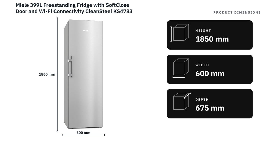 Miele 399L Freestanding Fridge with SoftClose Door and Wi-Fi Connectivity CleanSteel KS4783 — product dimensions