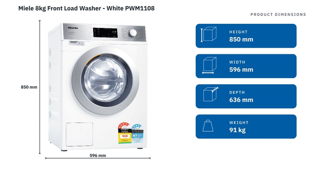 Miele 8kg Front Load Washer - White PWM1108 — product dimensions