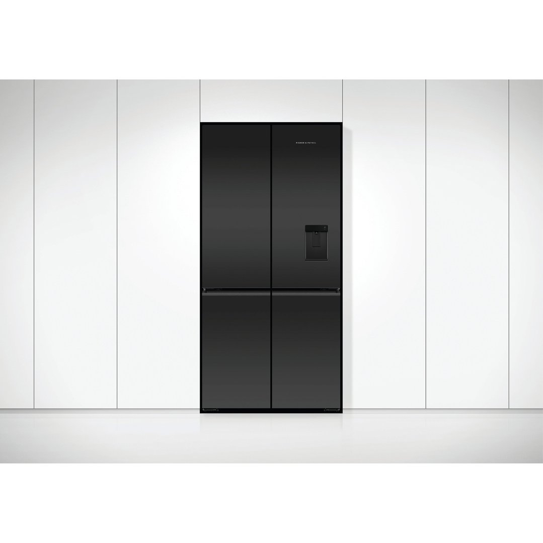 Black Fisher & Paykel quad door refrigerator freezer with ice and water dispenser