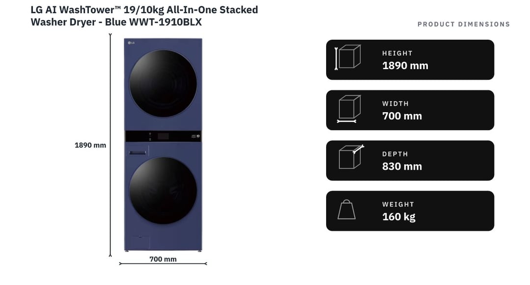 LG AI WashTower™ 19/10kg All-In-One Stacked Washer Dryer - Blue WWT-1910BLX — product dimensions