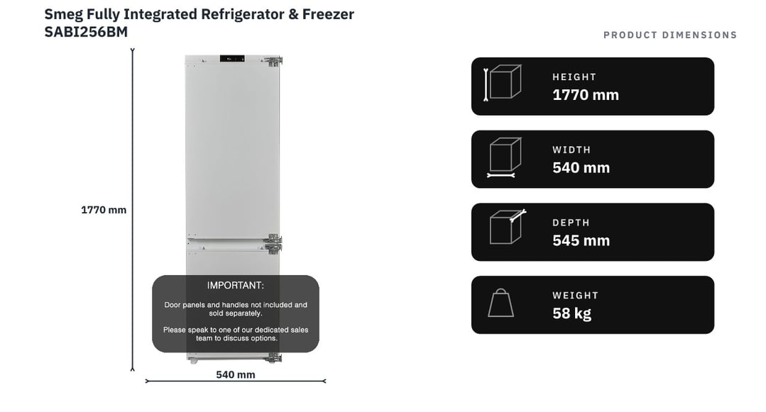Smeg Fully Integrated Refrigerator & Freezer SABI256BM — product dimensions