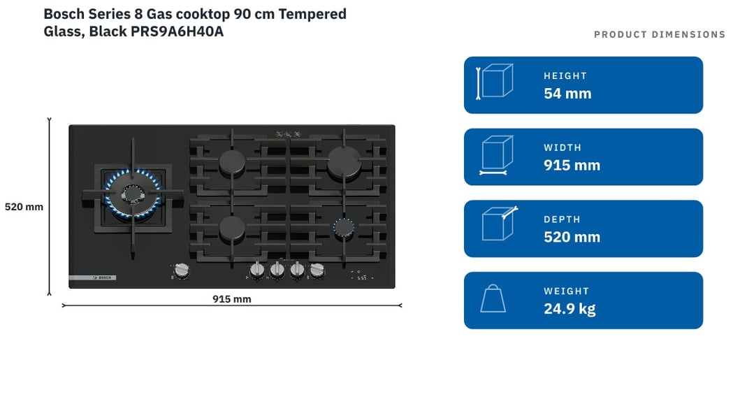Bosch Series 8 Gas cooktop 90 cm Tempered Glass, Black PRS9A6H40A — product dimensions