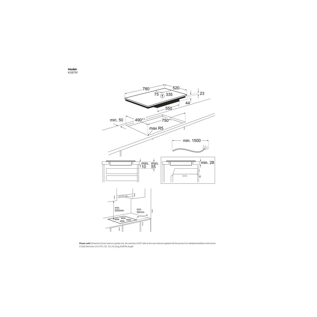 Electrolux 80cm 5 Zone Induction Cooktop with Wi-Fi, Black - 800 Series KIS8759