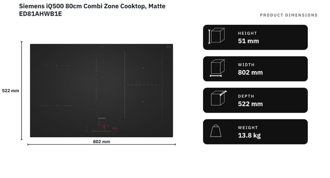 Siemens iQ500 80cm Combi Zone Cooktop, Matte ED81AHWB1E — product dimensions