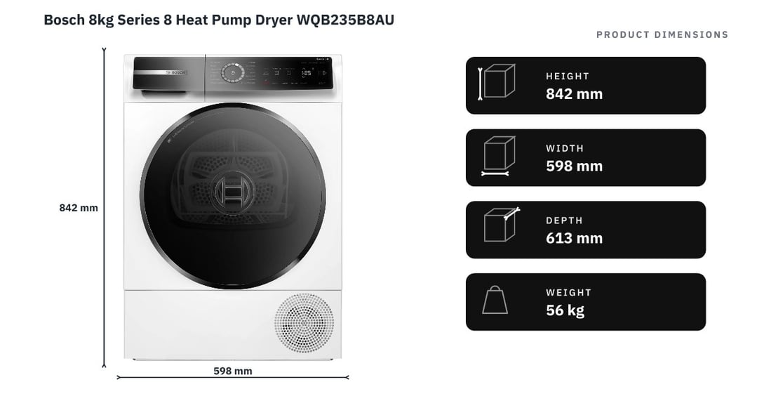 Bosch 8kg Series 8 Heat Pump Dryer WQB235B8AU — product dimensions