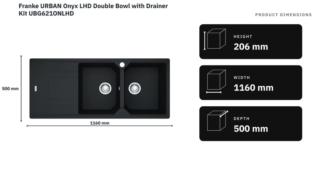 Franke URBAN Onyx LHD Double Bowl with Drainer Kit UBG621ONLHD — product dimensions