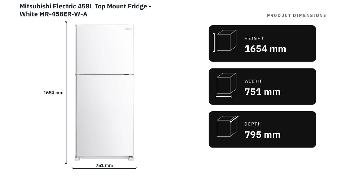 Mitsubishi Electric 458L Top Mount Fridge - White MR-458ER-W-A — product dimensions