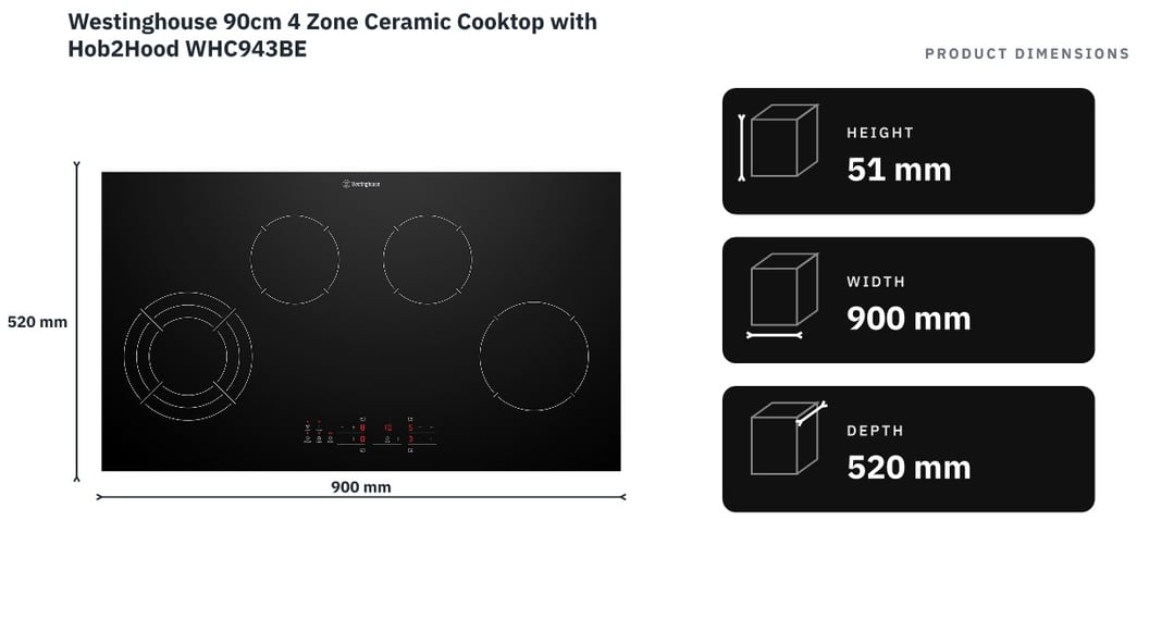 Westinghouse 90cm 4 Zone Ceramic Cooktop with Hob2Hood WHC943BE — product dimensions