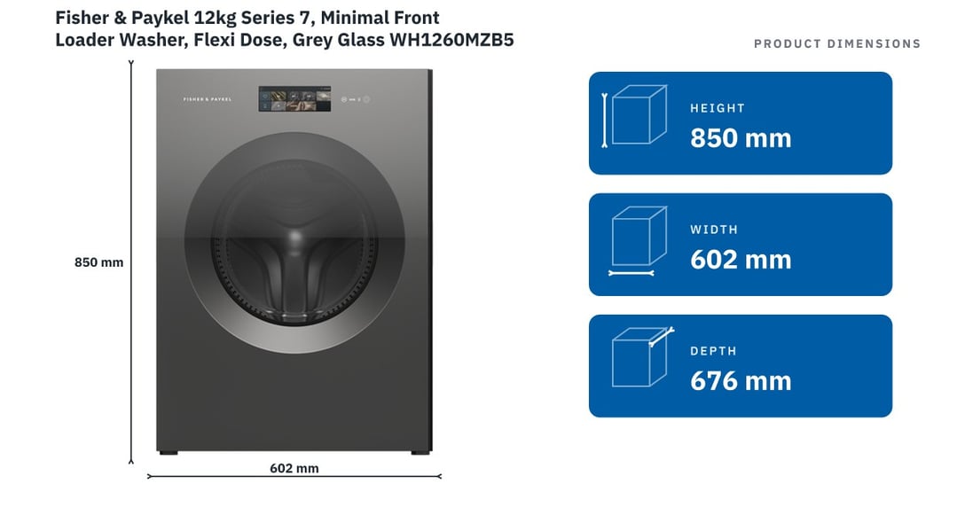 Fisher & Paykel 12kg Series 7, Minimal Front Loader Washer, Flexi Dose, Grey Glass WH1260MZB5 — product dimensions