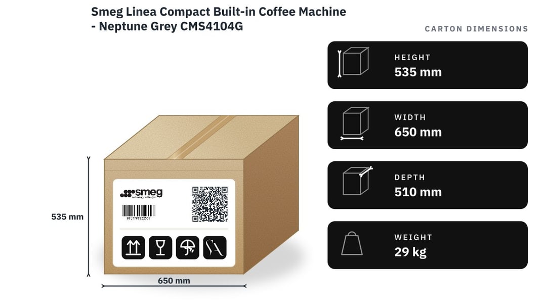 Smeg Linea Compact Built-in Coffee Machine - Neptune Grey CMS4104G — packaged dimensions