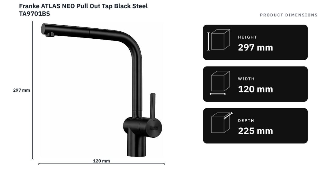 Franke ATLAS NEO Pull Out Tap Black Steel TA9701BS — product dimensions