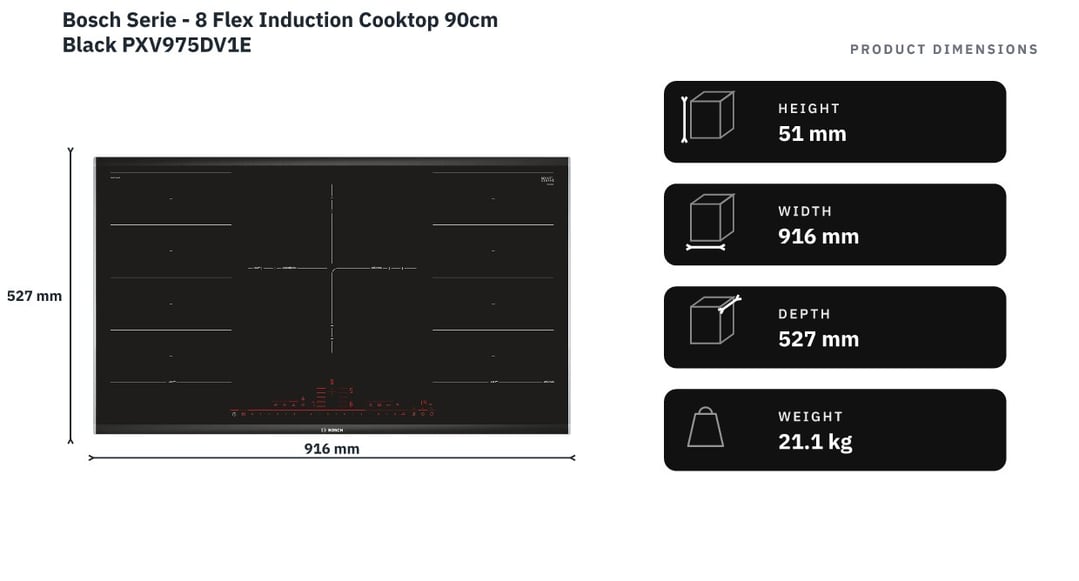 Bosch Serie - 8 Flex Induction Cooktop 90cm Black PXV975DV1E — product dimensions