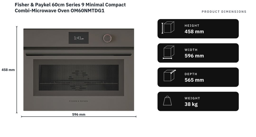 Fisher & Paykel 60cm Series 9 Minimal Compact Combi-Microwave Oven OM60NMTDG1 — product dimensions