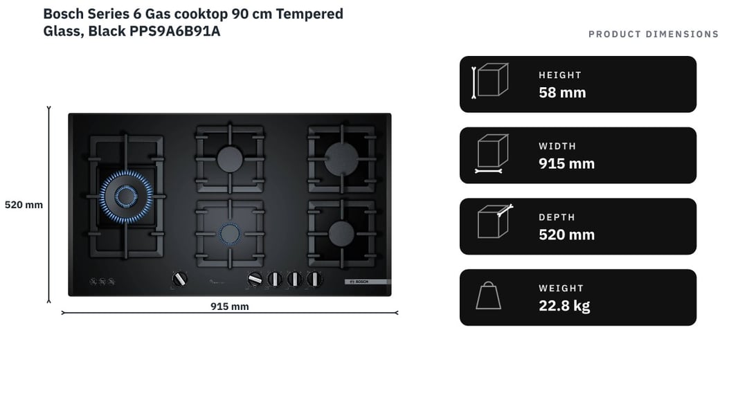 Bosch Series 6 Gas cooktop 90 cm Tempered Glass, Black PPS9A6B91A — product dimensions