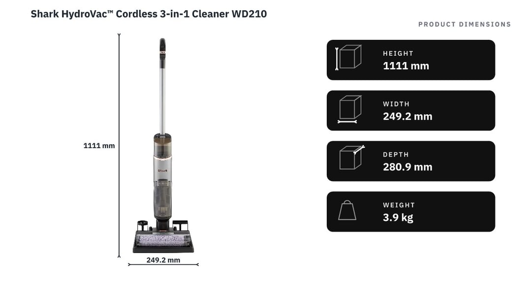 Shark HydroVac™ Cordless 3-in-1 Cleaner WD210 — product dimensions
