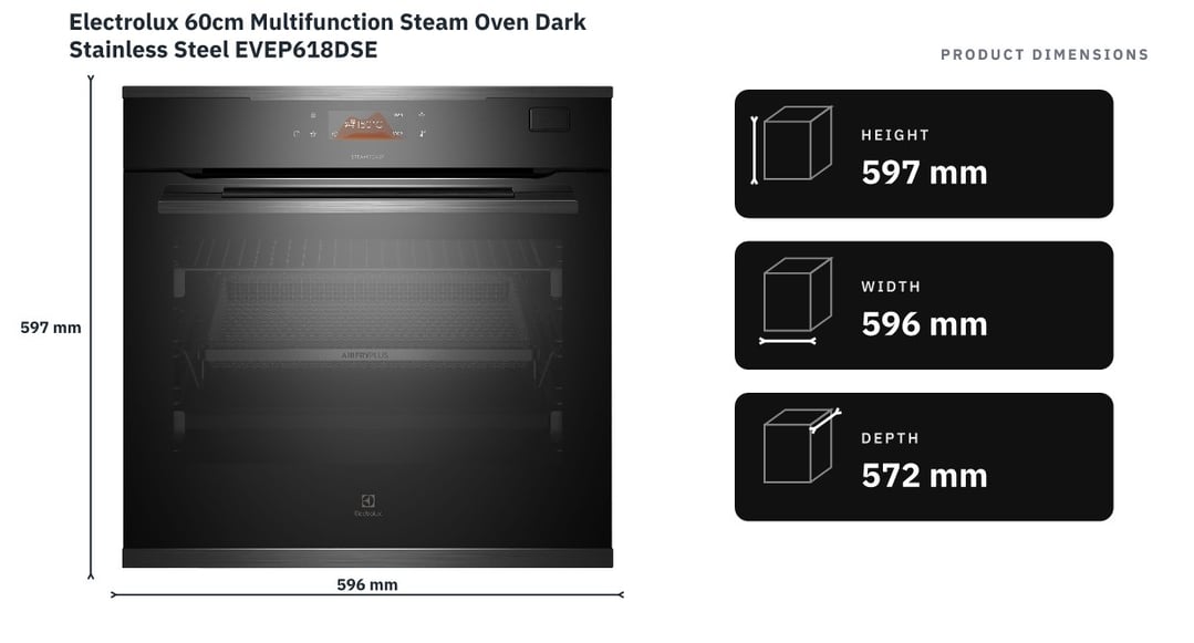 Electrolux 60cm Multifunction Steam Oven Dark Stainless Steel EVEP618DSE — product dimensions