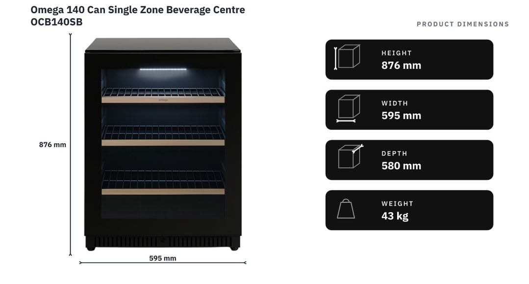 Omega 140 Can Single Zone Beverage Centre OCB140SB — product dimensions