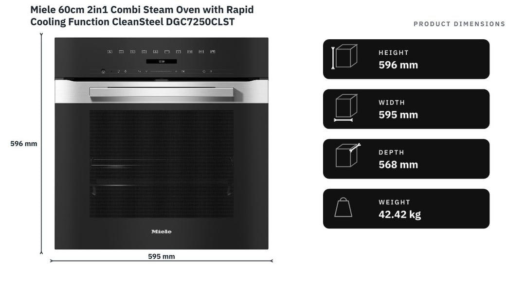 Miele 60cm 2in1 Combi Steam Oven with Rapid Cooling Function CleanSteel DGC7250CLST — product dimensions
