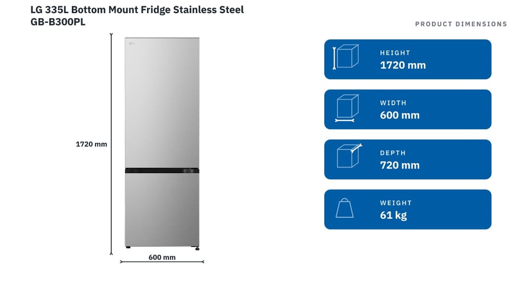 LG 335L Bottom Mount Fridge Stainless Steel GB-B300PL
