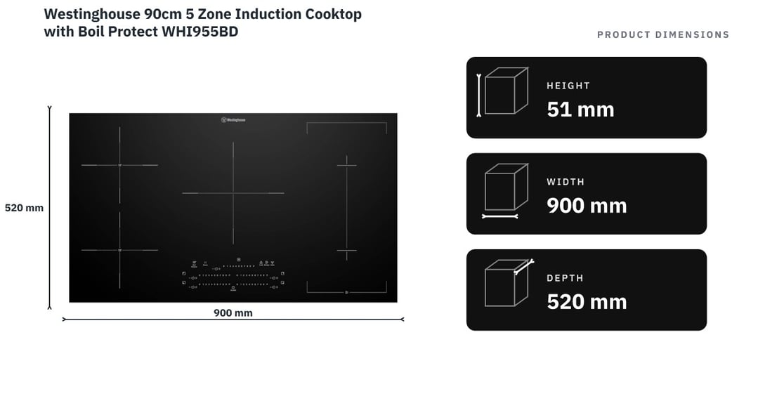 Westinghouse 90cm 5 Zone Induction Cooktop with Boil Protect WHI955BD — product dimensions