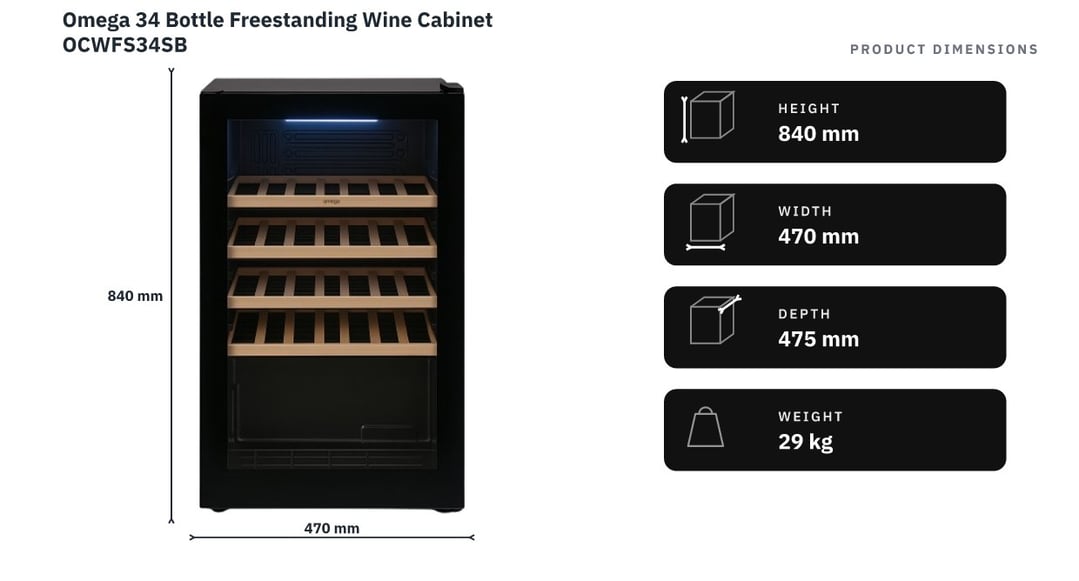 Omega 34 Bottle Freestanding Wine Cabinet OCWFS34SB — product dimensions