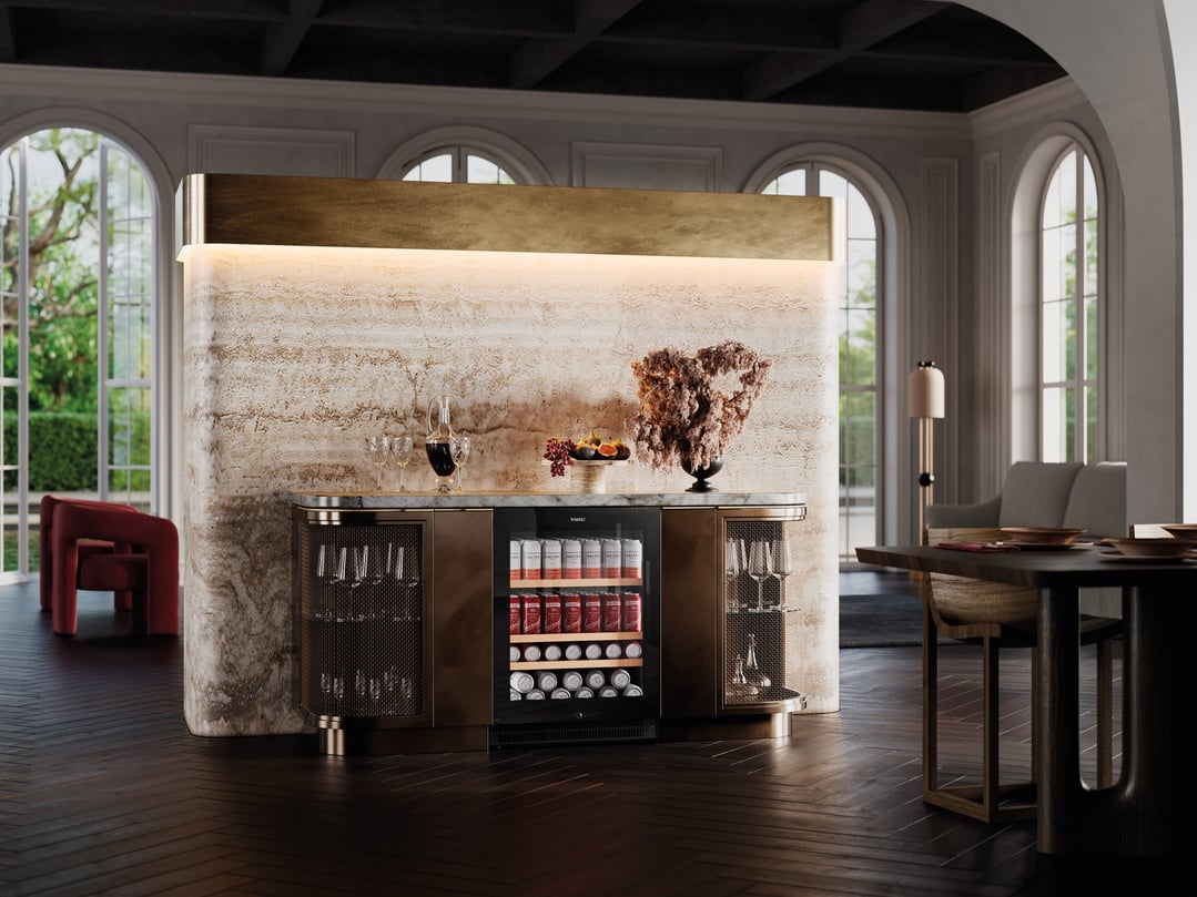 Beverage centre integrated into a luxurious bar setup in a living room