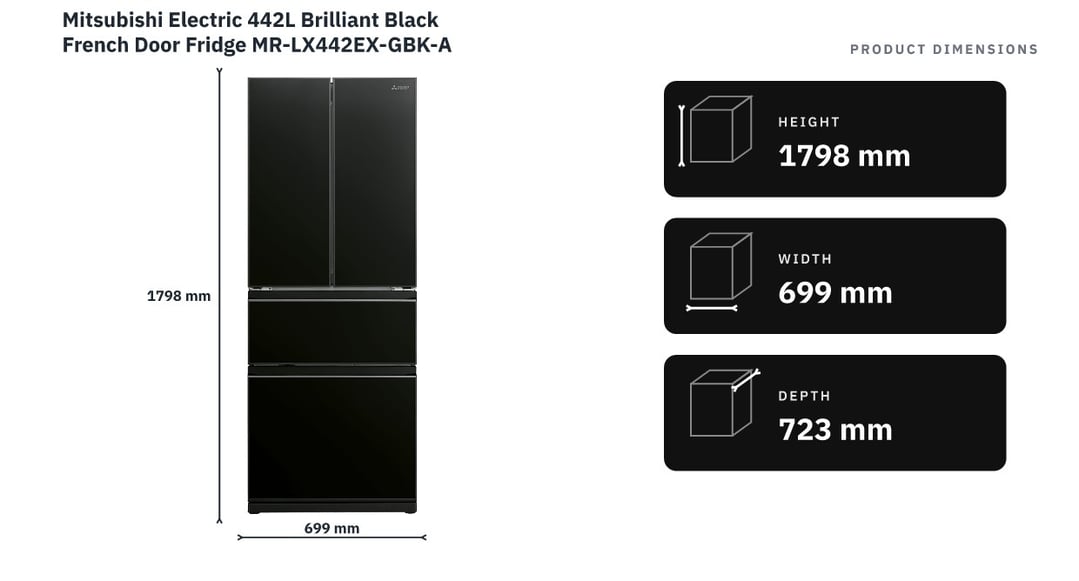 Mitsubishi Electric 442L Brilliant Black French Door Fridge MR-LX442EX-GBK-A — product dimensions