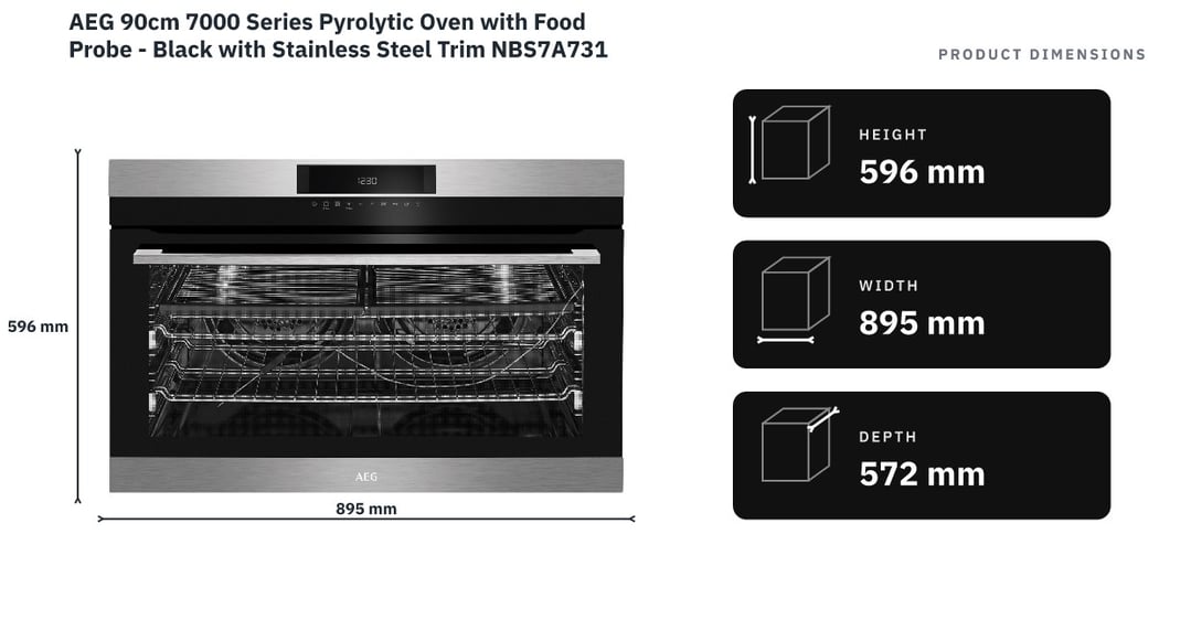 AEG 90cm 7000 Series Pyrolytic Oven with Food Probe - Black with Stainless Steel Trim NBS7A731VB — product dimensions
