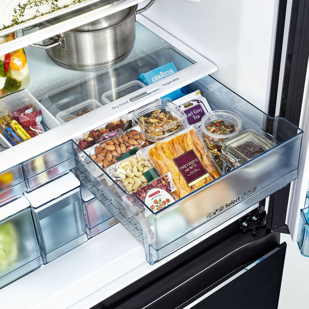 Hitachi 569L 4 Door French Door Fridge - Glass Clear Black RWB640PT1GCK