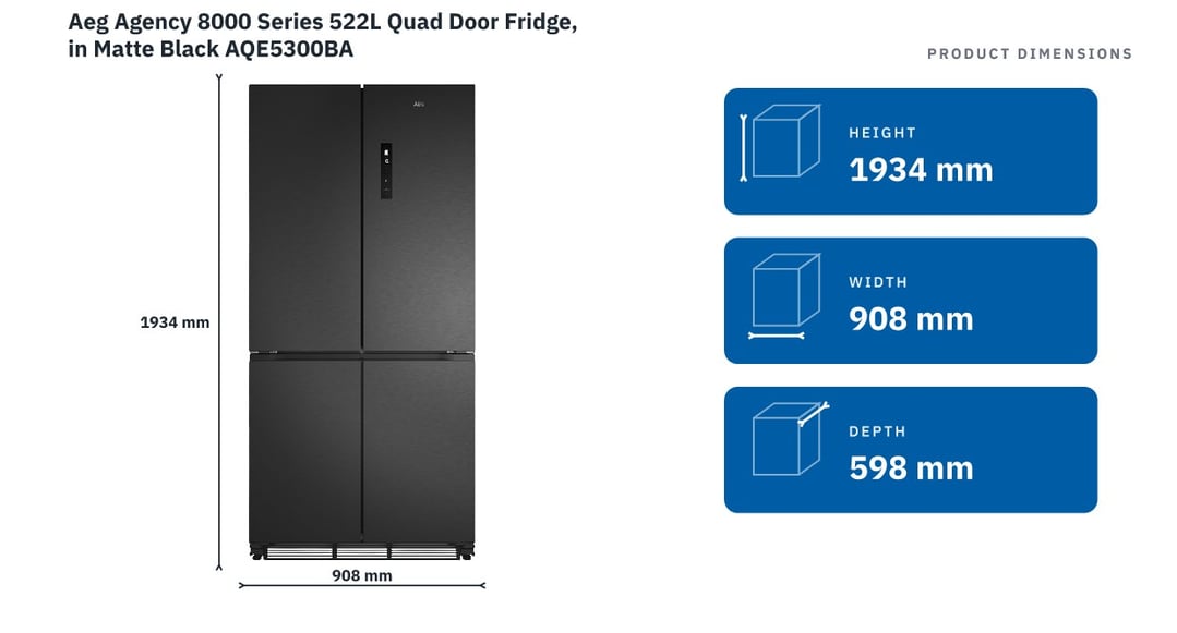 AEG 8000 Series 522L Quad Door Fridge, in Matte Black AQE5300BA