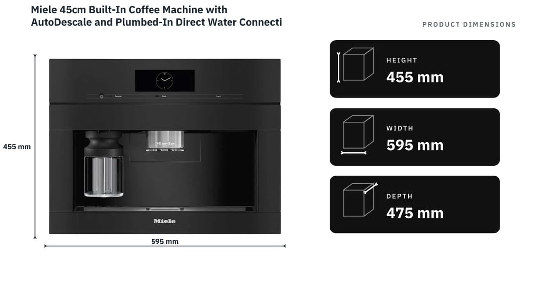 Miele 45cm Built-In Coffee Machine with AutoDescale and Plumbed-In Direct Water Connection Obsidian Black CVA7845OBSW — product dimensions