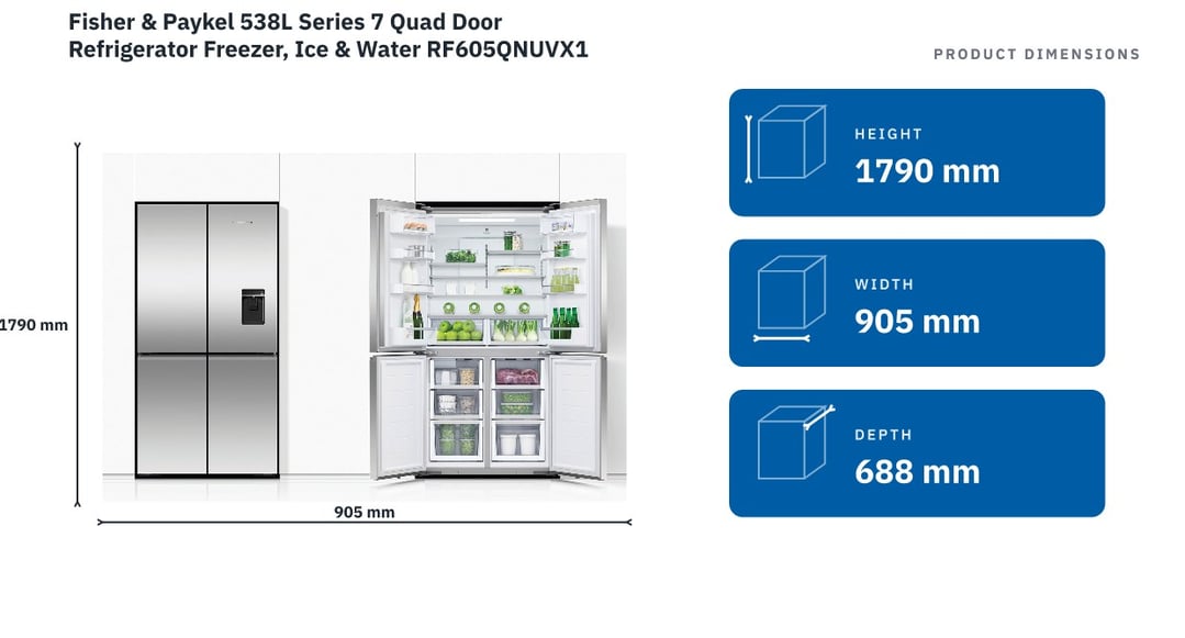 Fisher & Paykel 538L Series 7 Quad Door Refrigerator Freezer, Ice & Water RF605QNUVX1