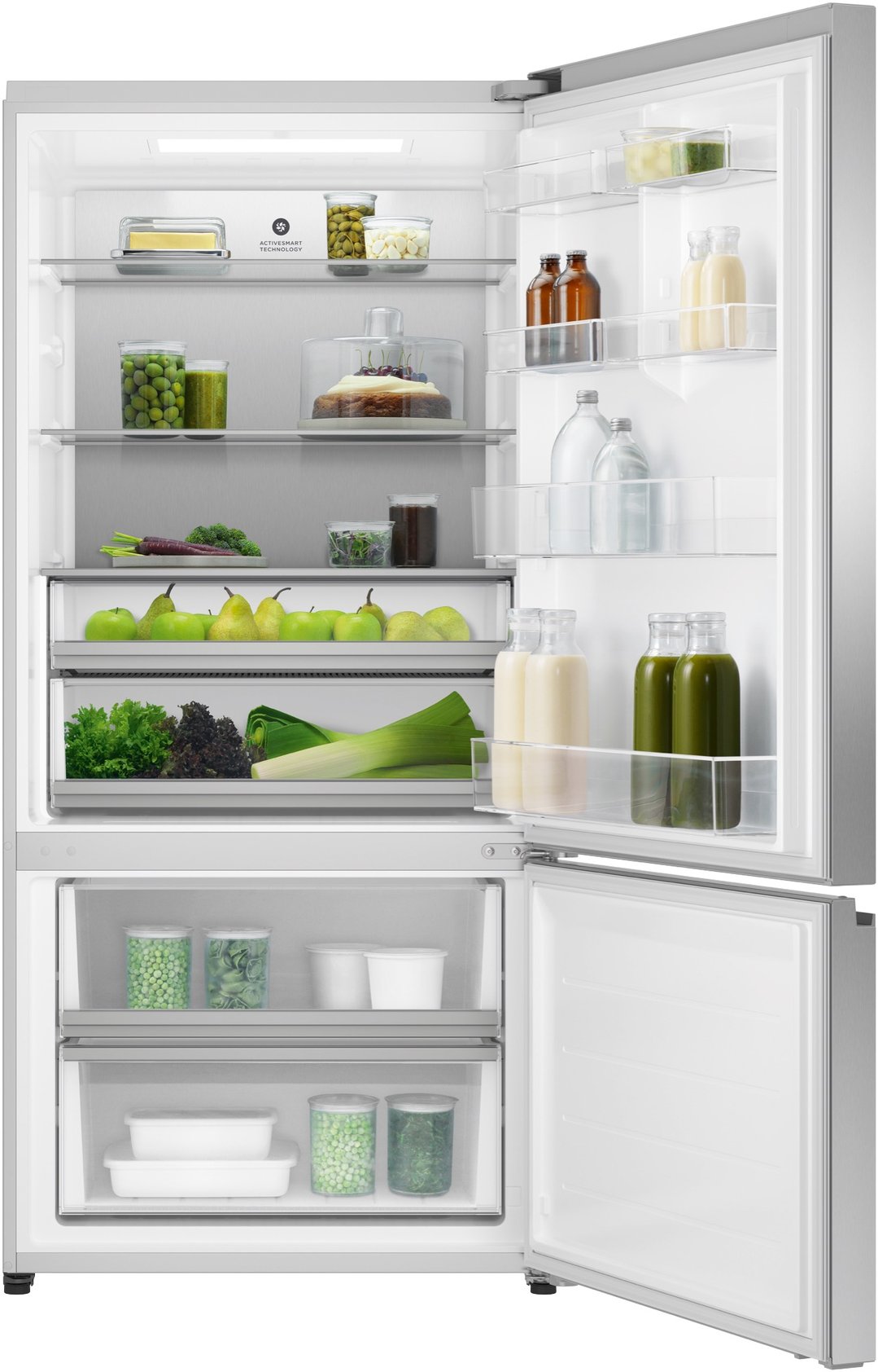 Open stainless steel bottom mount fridge filled with food and drinks