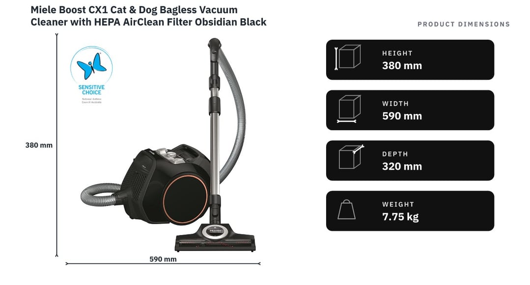 Miele Boost CX1 Cat & Dog Bagless Vacuum Cleaner with HEPA AirClean Filter Obsidian Black 11640600 — product dimensions